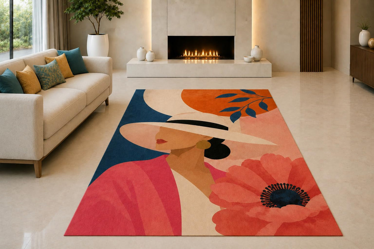 ICE ARMOR "Ultra Light Weight 5' x 7' Wide Brim Hat Woman Area Rug for Living Room, Bedroom and Home Office, Soft Low Pile Carpet with Non-Slip Silicone Backing, Pink and Navy