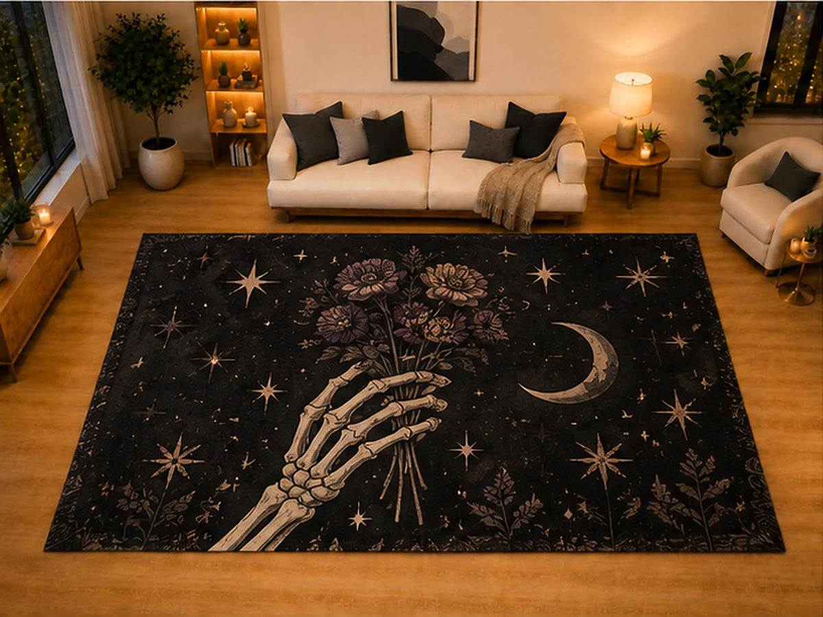 ICE ARMOR "Ultra Light Weight Large 6'7" x 9'10" Skeleton Hand Flower Crescent Moon Area Rug for Living Room Bedroom, Soft Low Pile Non-Slip Backing, Black Beige Gothic Botanical Decor
