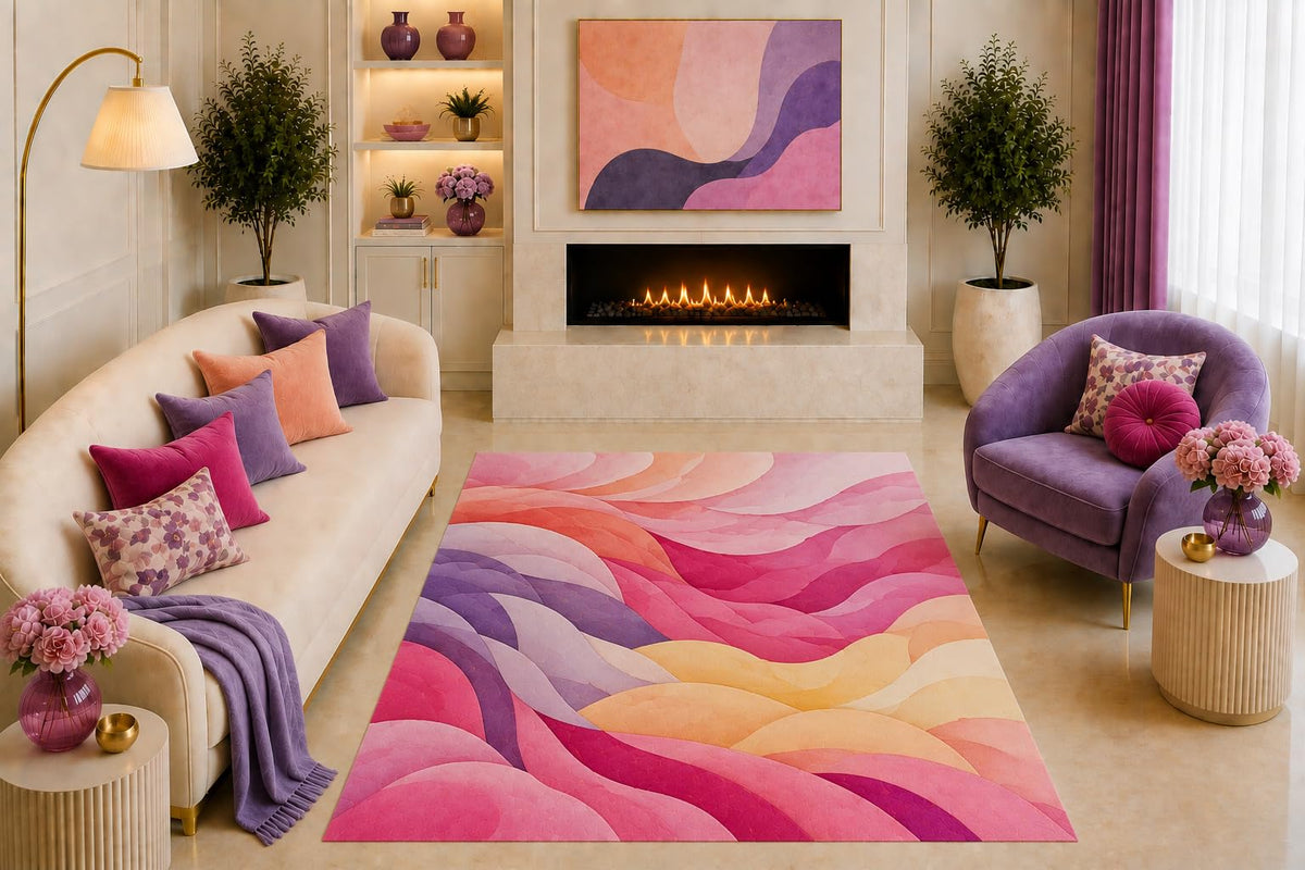 ICE ARMOR "Ultra Light Weight 5' x 7' Pink Abstract Wave Area Rug Modern Wavy Art Coral Purple Peach for Living Room Bedroom Girls Room Office Non-Slip Silicone Backing Low Pile