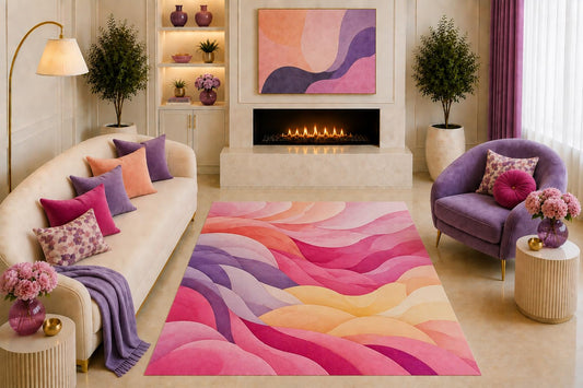ICE ARMOR "Ultra Light Weight 5' x 7' Pink Abstract Wave Area Rug Modern Wavy Art Coral Purple Peach for Living Room Bedroom Girls Room Office Non-Slip Silicone Backing Low Pile