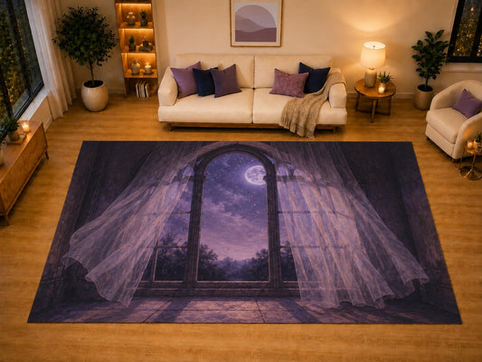 ICE ARMOR "Ultra Light Weight Large 6'7" x 9'10" Gothic Window Full Moon Sheer Curtain Area Rug for Living Room Bedroom, Soft Low Pile Non-Slip Backing, Purple Black Celestial Decor