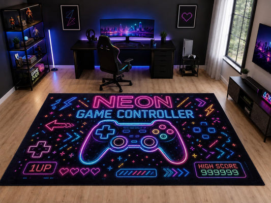 ICE ARMOR "Ultra Light Weight Large 6'7" x 9'10" Neon Game Controller Area Rug for Kids Room Playroom, Soft Low Pile Indoor Rug and Non-Slip Silicone Backing, Black