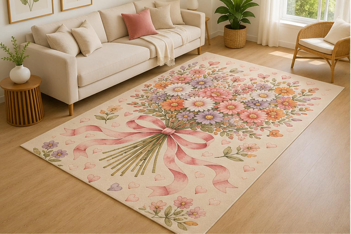 ICE ARMOR 5' x 7' Romantic Floral Bouquet Heart Area Rug for Living Room, Soft Low Pile Indoor Rug with Non-Slip Silicone Backing, Decorative Carpet for Bedroom, Family Room, Office, Cream Pink