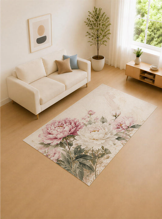 ICE ARMOR 5' x 7' Dusty Rose and Ivory Peony Garden Area Rug for Living Room, Soft Low Pile Carpet with Non-Slip Silicone Backing, Decor for Bedroom and Home Office