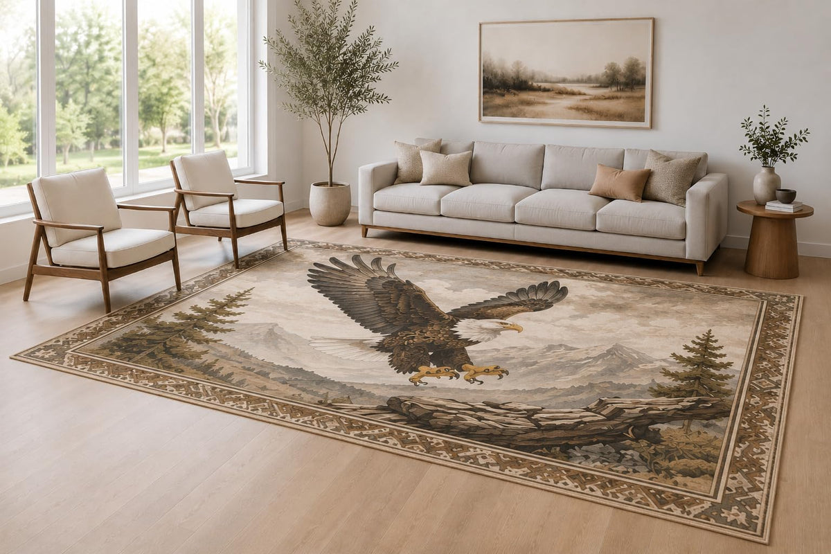 ICE ARMOR Large 6'7" x 9'10" Brown and Beige Mountain Eagle Area Rug for Living Room, Soft Low Pile Carpet with Non-Slip Silicone Backing, Decor for Bedroom and Home Office