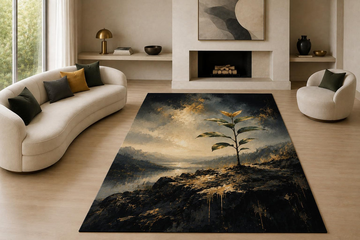 ICE ARMOR "Ultra Lightweight Large 6'7" x 9'10" Rocky Sprout Area Rug for Living Room, Bedroom and Home Office, Soft Low Pile Carpet with Non-Slip Silicone Backing, Black and Golden Color
