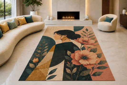 ICE ARMOR "Ultra Lightweight Large 6'7" x 9'10" Floral Gown Woman Area Rug for Living Room, Bedroom and Home Office, Soft Low Pile Carpet with Non-Slip Silicone Backing, Black and Pink