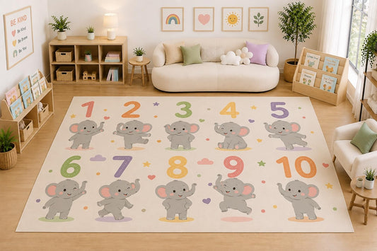 ICE ARMOR Large 6'7" x 9'10" Elephants and Numbers 1 to 10 Area Rug for Kids Room, Classroom, Bedroom, Playroom Decor, Soft Low Pile Indoor Rug with Non-Slip Silicone Backing, Pastel Multicolor