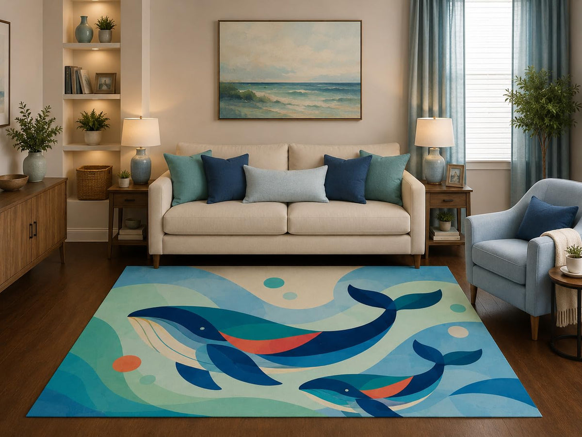 ICE ARMOR 5' x 7' Coastal Whale Area Rug Modern Ocean Marine Animal Nautical Beach Living Room Bedroom Kids Room Nursery Decor Non-Slip Silicone Backing Low Pile