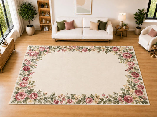 ICE ARMOR "Ultra Light Weight Large 6'7 x 9'10 Rose Floral Border Area Rug for Living Room, Dining Room, and Bedroom, Soft Low Pile Indoor Rug, Romantic Floor Decor