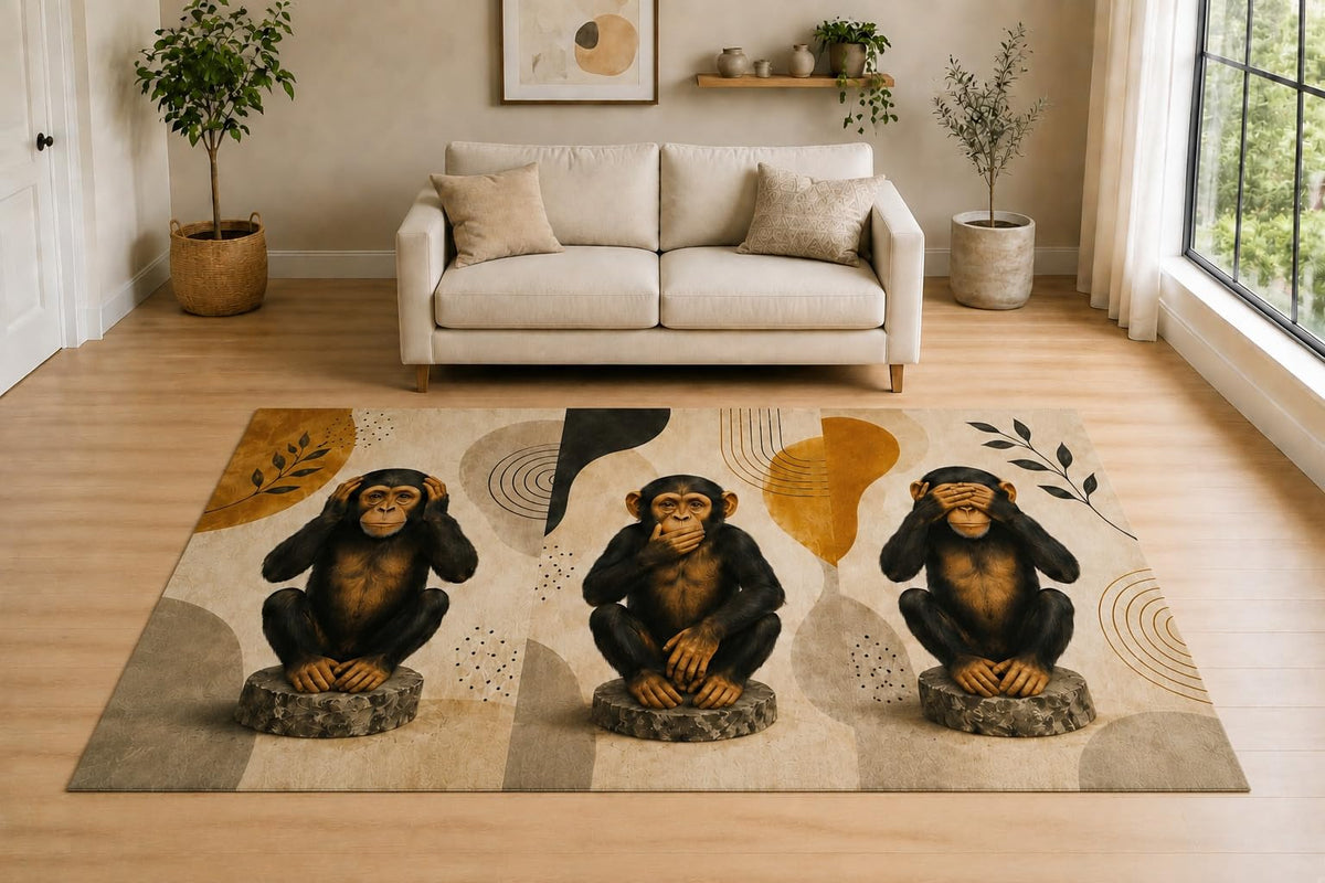 ICE ARMOR "Ultra Light Weight 5' x 7' Wise Monkey Statues Area Rug for Living Room, Bedroom and Home Office, Soft Low Pile Carpet with Non-Slip Silicone Backing, Brown and Beige