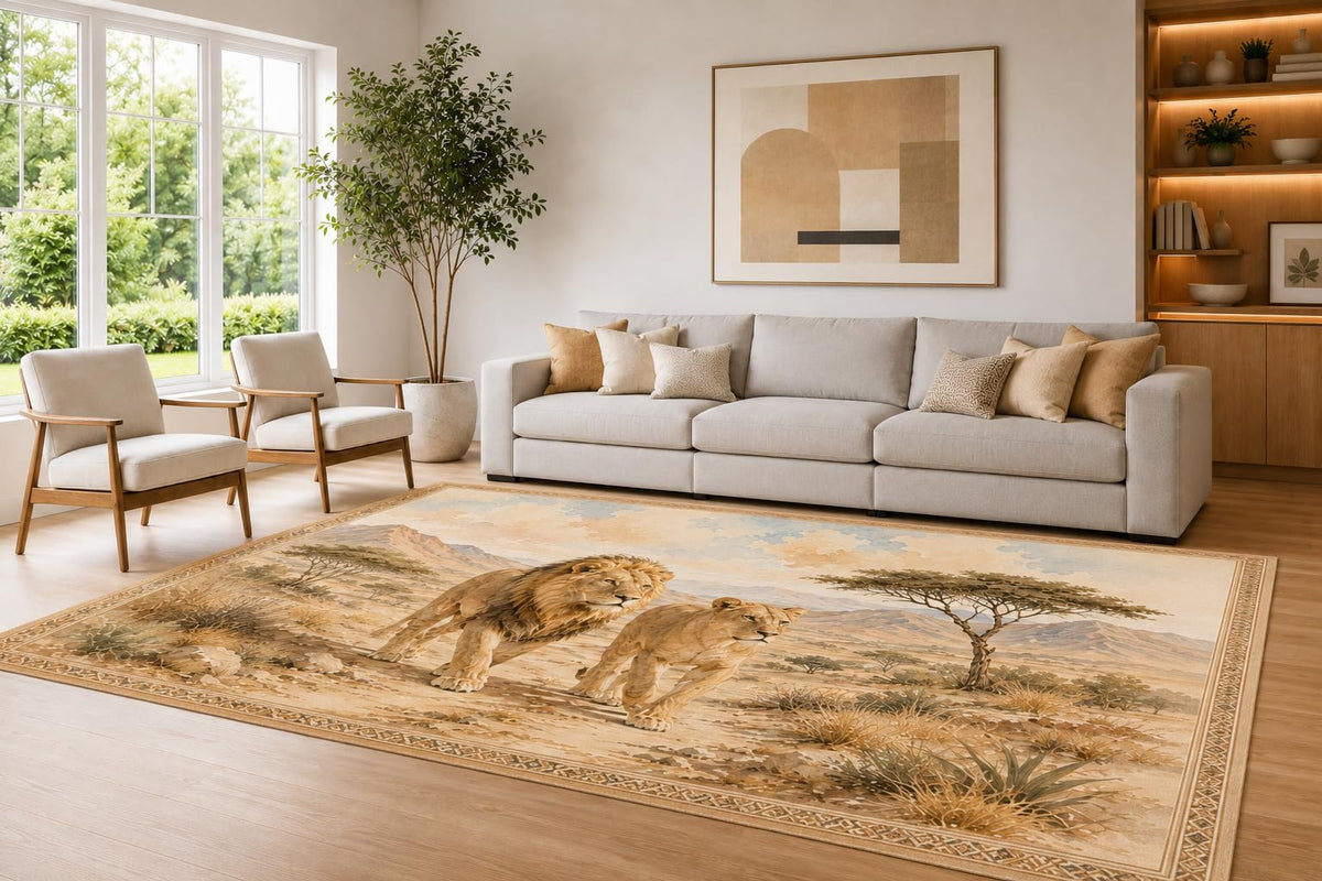 ICE ARMOR Large 6'7" x 9'10" Beige and Brown Lion Pair Area Rug for Living Room, Soft Low Pile Carpet with Non-Slip Silicone Backing, Decor for Bedroom Dining Room and Home Office