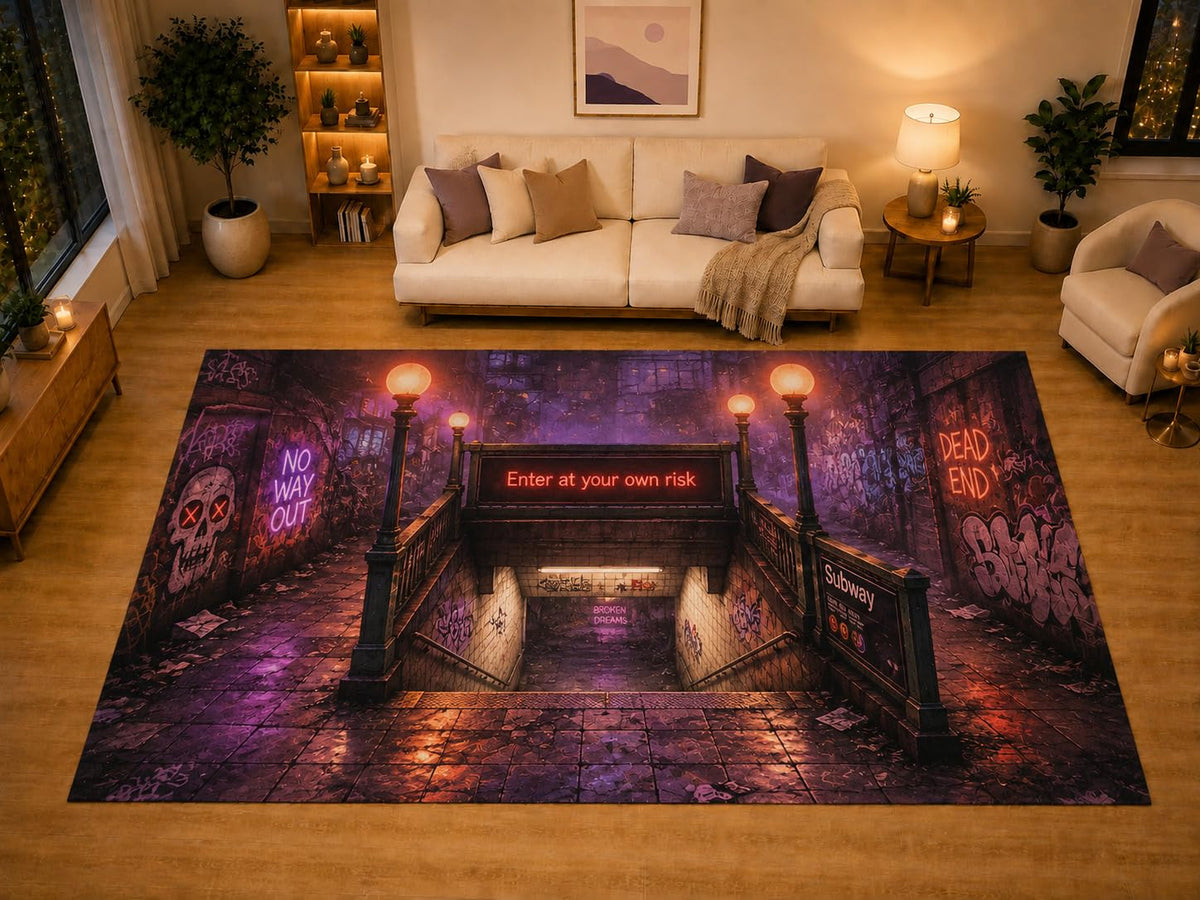 ICE ARMOR "Ultra Light Weight Large 6'7" x 9'10" Haunted Subway Entrance Area Rug for Living Room Bedroom Dining Area, Soft Low Pile Non-Slip Backing, Purple Orange Black Urban Halloween Decor