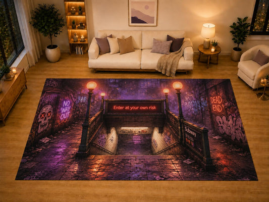 ICE ARMOR "Ultra Light Weight Large 6'7" x 9'10" Haunted Subway Entrance Area Rug for Living Room Bedroom Dining Area, Soft Low Pile Non-Slip Backing, Purple Orange Black Urban Halloween Decor