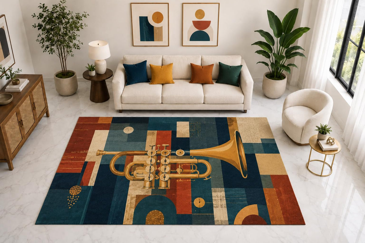 ICE ARMOR "Ultra Light Weight Large 6'7" x 9'10" Trumpet Geometric Art Rug, Soft Low Pile Indoor Rug, Non-Slip Silicone Backing for Living Room Blue