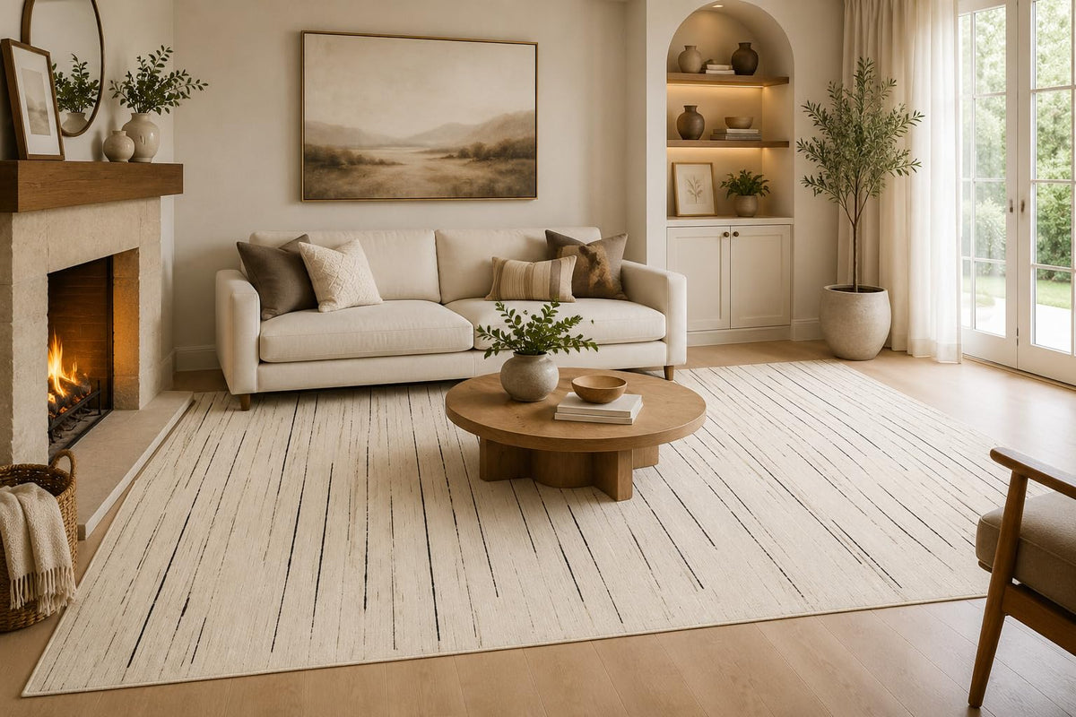 ICE ARMOR Large 6'7" x 9'10" Ivory and Charcoal Fine Stripe Area Rug for Living Room, Soft Low Pile Carpet with Non-Slip Silicone Backing, Decor for Bedroom, Dining Area and Home Office
