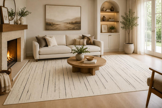 ICE ARMOR Large 6'7" x 9'10" Ivory and Charcoal Fine Stripe Area Rug for Living Room, Soft Low Pile Carpet with Non-Slip Silicone Backing, Decor for Bedroom, Dining Area and Home Office