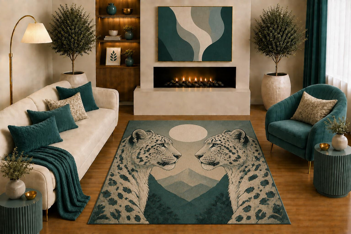 ICE ARMOR "Ultra Light Weight 5' x 7' Snow Leopard Area Rug Mountain Wildlife Art with Twin Leopards in Teal Beige for Living Room Bedroom Office Non-Slip Silicone Backing Low Pile