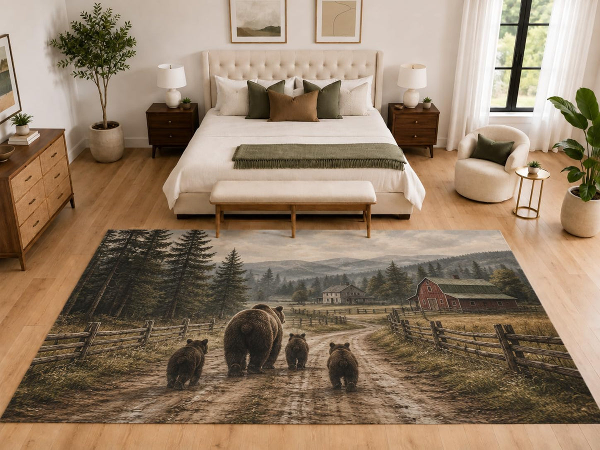 ICE ARMOR "Ultra Light Weight Large 6'7" x 9'10" Bear Family Farm Road Rug, Soft Low Pile Indoor Rug, Non-Slip Silicone Backing for Living Room Brown