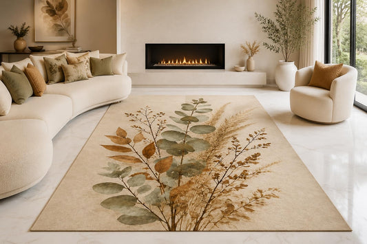 ICE ARMOR "Ultra Lightweight Large 6'7" x 9'10" Eucalyptus Sprigs Area Rug for Living Room, Bedroom and Home Office, Soft Low Pile Carpet with Non-Slip Silicone Backing, Sage and Beige