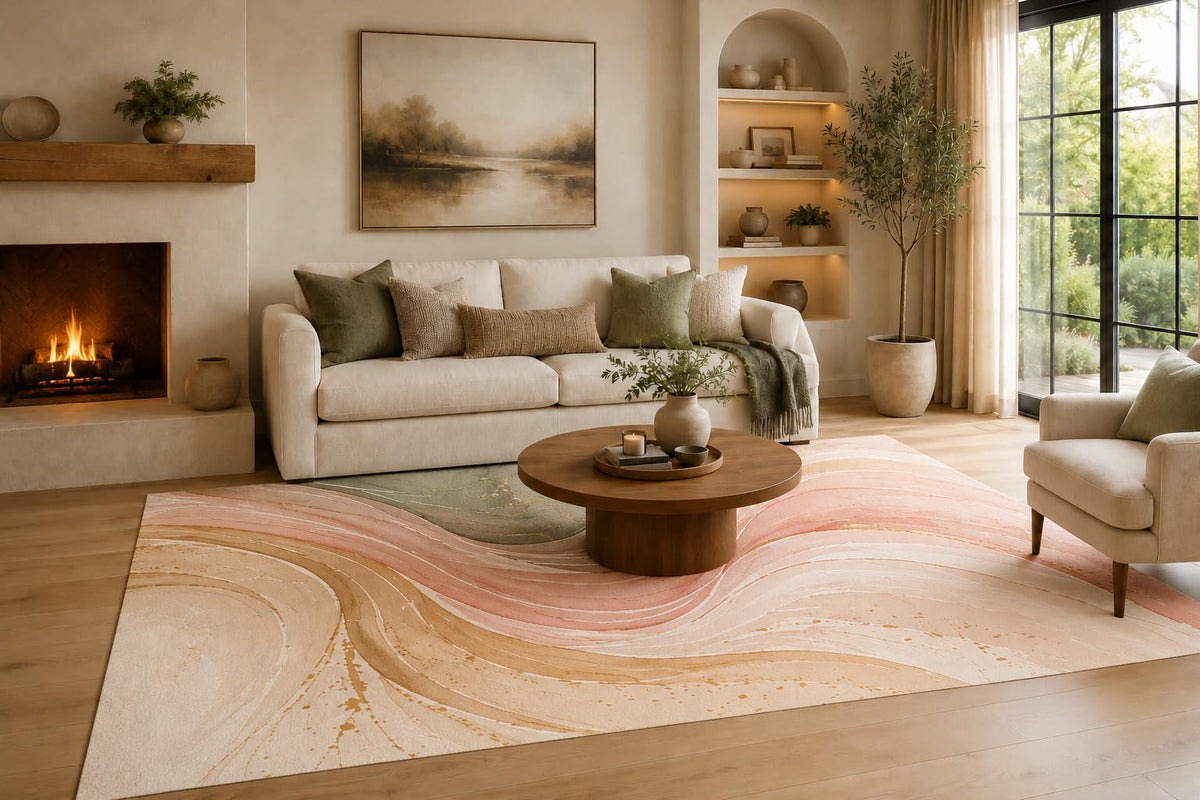 ICE ARMOR Large 6'7" x 9'10" Rose Pink and Ivory Ribbon Current Area Rug for Living Room, Soft Low Pile Carpet with Non-Slip Silicone Backing, Decor for Bedroom, Dining Area and Home Office