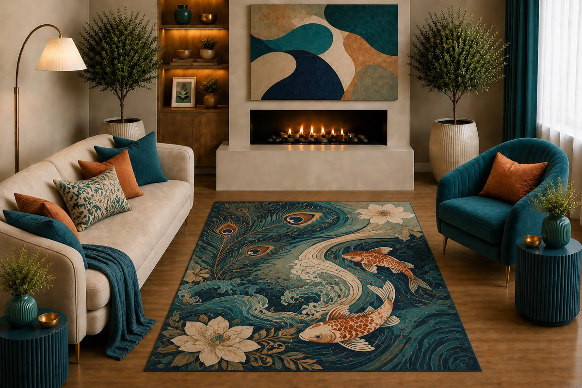 ICE ARMOR "Ultra Light Weight 5' x 7' Koi Fish and Peacock Feather Area Rug Japanese Floral Wave Art for Living Room Bedroom Dining Room Non-Slip Silicone Backing Low Pile