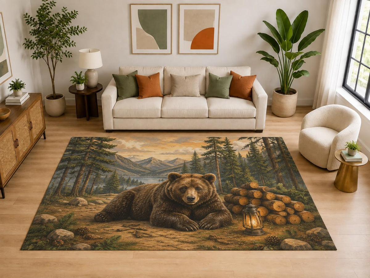 ICE ARMOR "Ultra Light Weight Large 6'7" x 9'10" Resting Bear Rug for Family Room, Soft Low Pile Indoor Rug and Non-Slip Silicone Backing, Brown