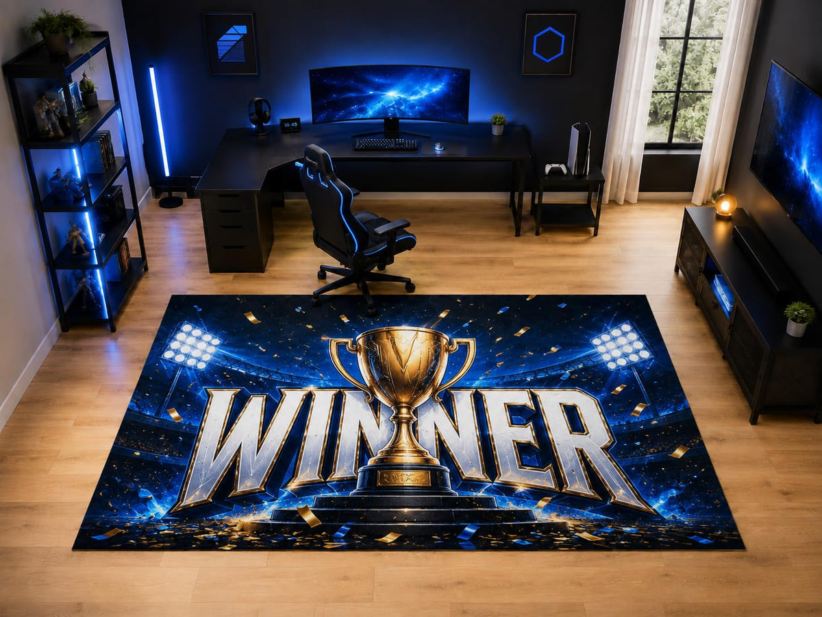 ICE ARMOR "Ultra Light Weight Large 6'7" x 9'10" Winner Trophy Gamer Rug, Soft Low Pile Indoor Rug, Non-Slip Silicone Backing for Playroom Blue