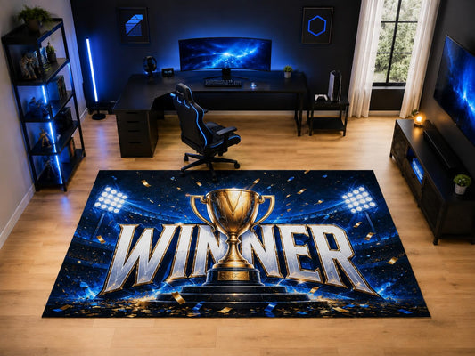 ICE ARMOR "Ultra Light Weight Large 6'7" x 9'10" Winner Trophy Gamer Rug, Soft Low Pile Indoor Rug, Non-Slip Silicone Backing for Playroom Blue