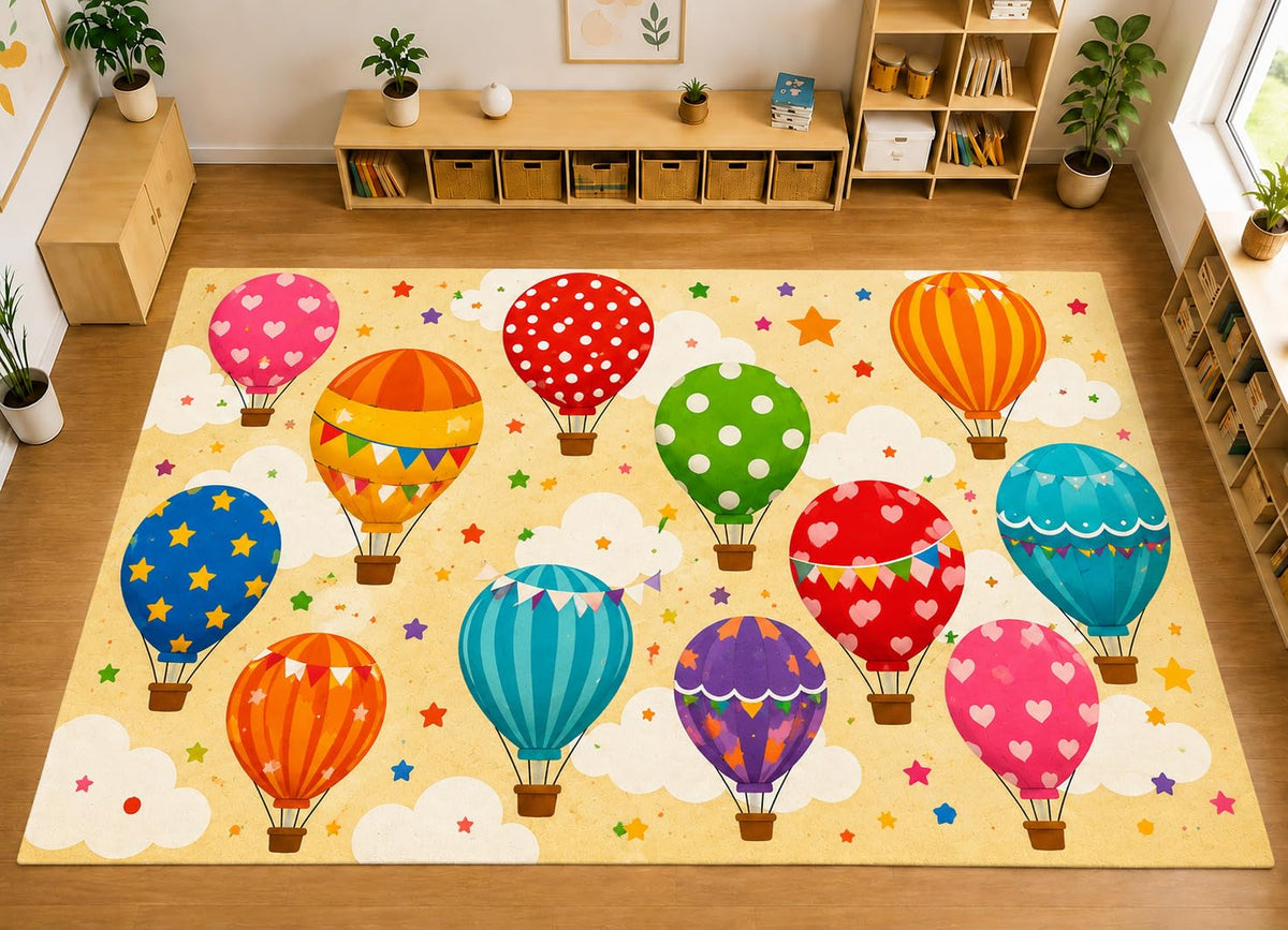 ICE ARMOR Large 6'7" x 9'10" Hot Air Balloon Kids Area Rug, Soft Low Pile Indoor Rug with Non-Slip Silicone Backing for Kids Room and Playroom, Ivory