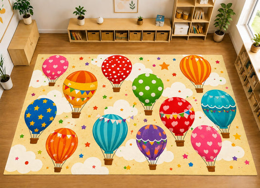 ICE ARMOR Large 6'7" x 9'10" Hot Air Balloon Kids Area Rug, Soft Low Pile Indoor Rug with Non-Slip Silicone Backing for Kids Room and Playroom, Ivory