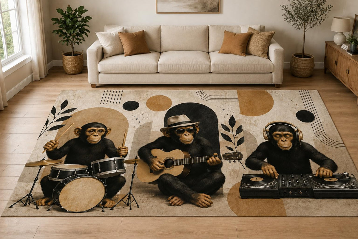 ICE ARMOR "Ultra Lightweight Large 6'7" x 9'10" Chimpanzee Music Band Area Rug for Living Room, Bedroom and Home Office, Soft Low Pile Carpet with Non-Slip Silicone Backing, Brown and Beige