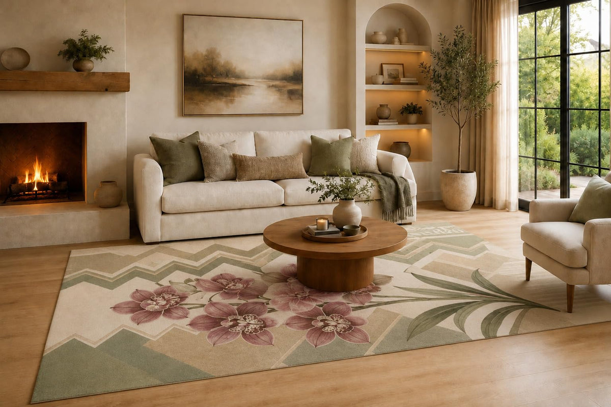 ICE ARMOR Large 6'7" x 9'10" Plum, Sage Green and Ivory Orchid Chevron Area Rug for Living Room, Soft Low Pile Carpet with Non-Slip Silicone Backing, Decor for Bedroom, Dining Area and Home Office