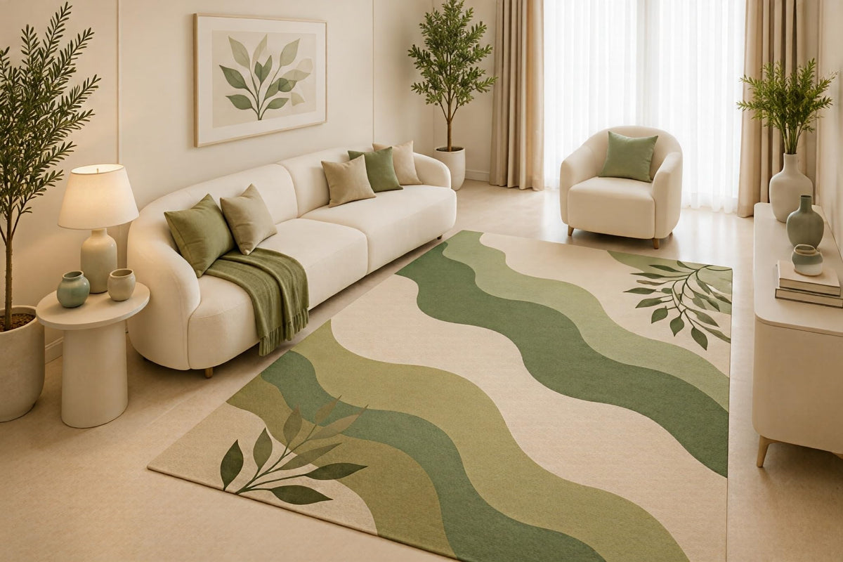 ICE ARMOR 5' x 7' Modern Green Wave Area Rug, Minimalist Botanical Abstract Design for Living Room Bedroom Office, Non-Slip Silicone Backing, Low Pile Carpet