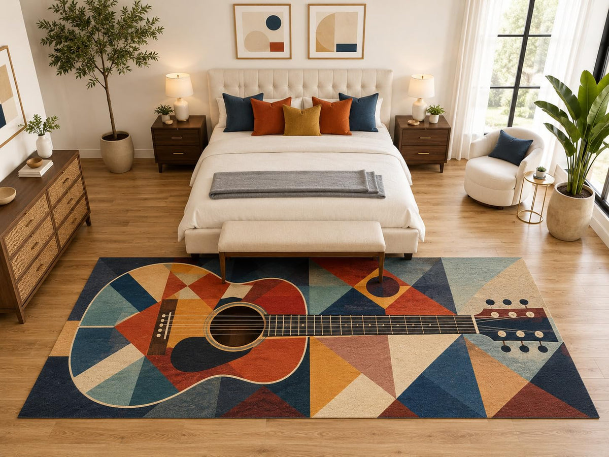 ICE ARMOR "Ultra Light Weight Large 6'7" x 9'10" Acoustic Guitar Geometric Rug, Soft Low Pile Indoor Rug, Non-Slip Silicone Backing for Bedroom Blue