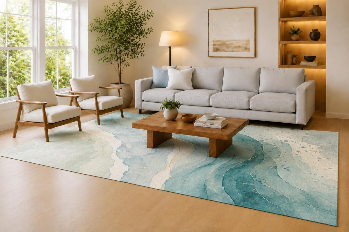 ICE ARMOR Large 6'7" x 9'10" Teal and Cream Ocean Vein Area Rug for Living Room, Soft Low Pile Carpet with Non-Slip Silicone Backing, Decor for Bedroom, Dining Area and Home Office