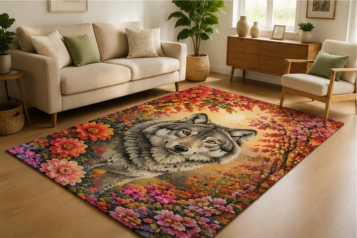 ICE ARMOR 5' x 7' Autumn Wolf Floral Area Rug for Living Room, Soft Low Pile Indoor Rug with Non-Slip Silicone Backing, Wildlife Carpet for Bedroom, Office, Family Room, Gray Orange Pink