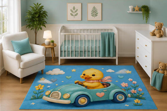 ICE ARMOR 5' x 7' Watercolor Baby Duck Driving Convertible Nursery Area Rug, Cute Animal Car Kids Bedroom Playroom Decor Carpet, Non-Slip Silicone Backing Low Pile