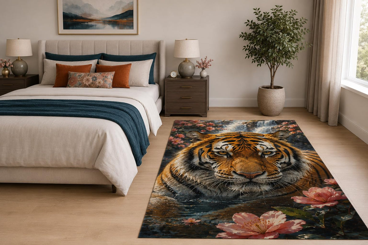 ICE ARMOR "Ultra Light Weight 5' x 7' Tiger Cherry Blossoms Area Rug for Living Room, Bedroom and Home Office, Soft Low Pile Carpet with Non-Slip Silicone Backing, Orange and Pink