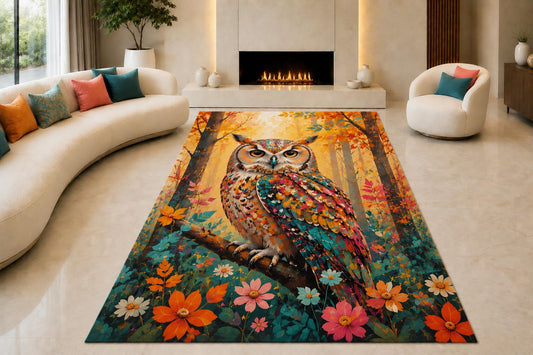 ICE ARMOR "Ultra Lightweight Large 6'7" x 9'10" Colorful Floral Owl Area Rug for Living Room, Bedroom and Home Office, Soft Low Pile Carpet with Non-Slip Silicone Backing, Orange and Teal