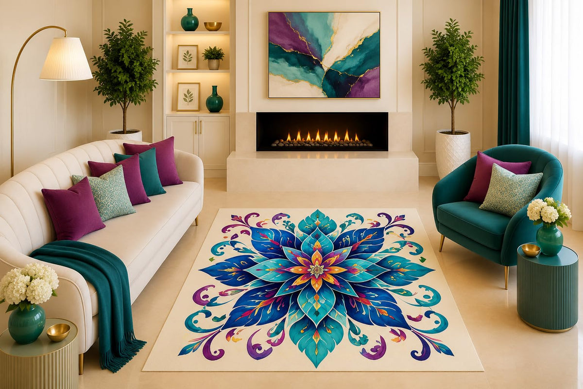 ICE ARMOR "Ultra Light Weight 5' x 7' Teal Blue Mandala Floral Area Rug Boho Lotus Botanical Decor for Living Room Bedroom Nursery Non-Slip Silicone Backing Low Pile