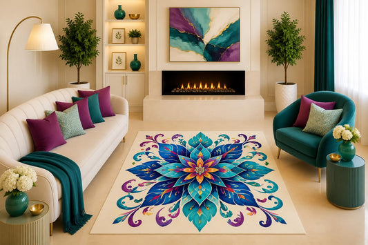 ICE ARMOR "Ultra Light Weight 5' x 7' Teal Blue Mandala Floral Area Rug Boho Lotus Botanical Decor for Living Room Bedroom Nursery Non-Slip Silicone Backing Low Pile
