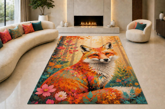 ICE ARMOR "Ultra Lightweight Large 6'7" x 9'10" Colorful Forest Fox Area Rug for Living Room, Bedroom and Home Office, Soft Low Pile Carpet with Non-Slip Silicone Backing, Orange and Teal