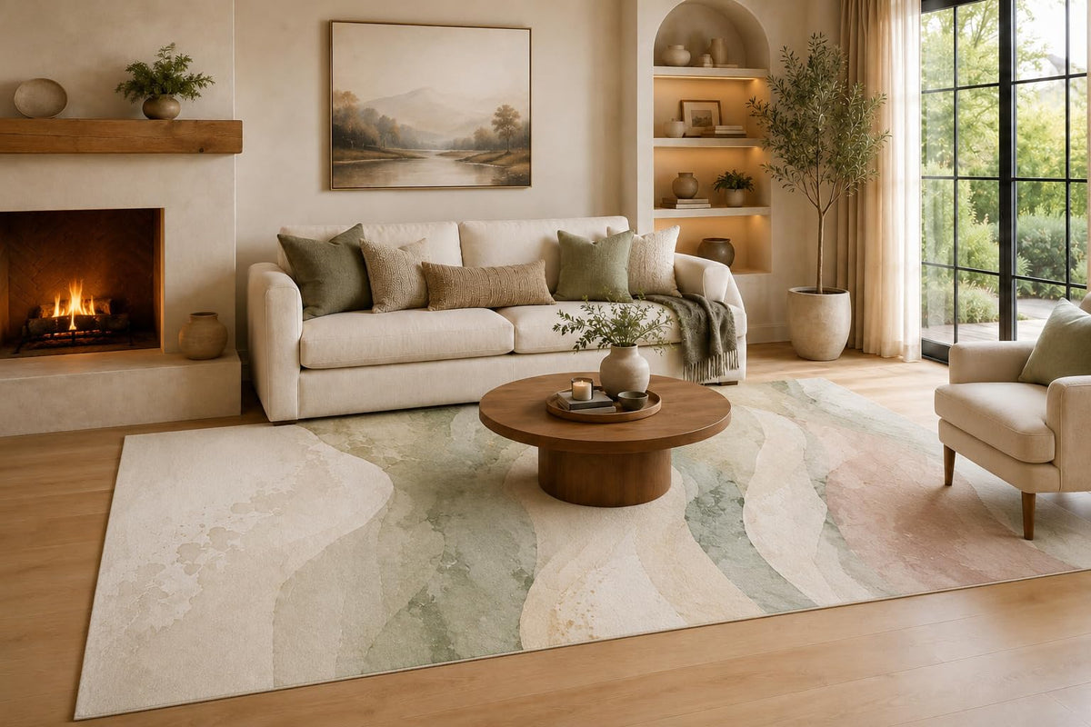 ICE Armor Large 6'7" x 9'10" Sage Green and Ivory Flowing Abstract Waves Area Rug for Living Room, Soft Low Pile Carpet with Non-Slip Silicone Backing, Decor for Bedroom, Dining Area and Home Office