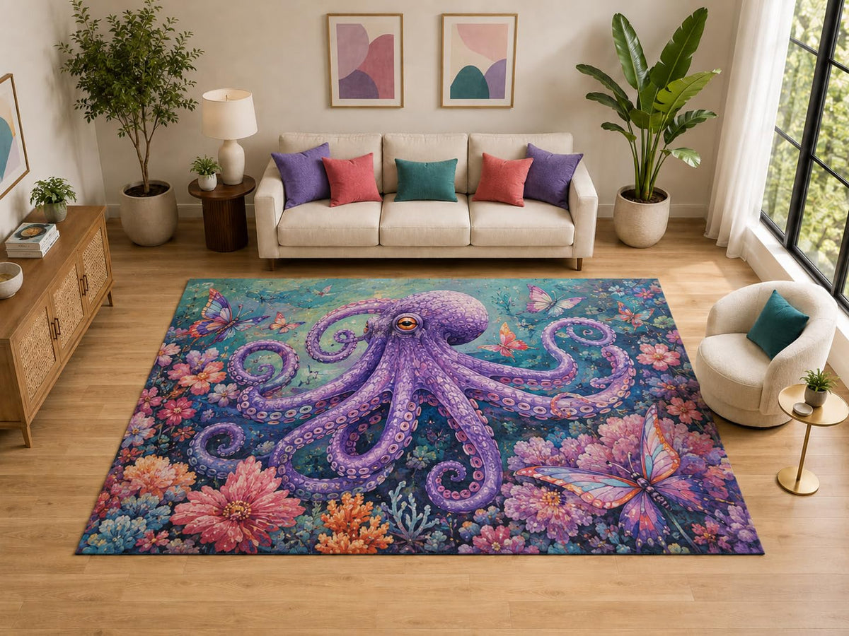 ICE ARMOR "Ultra Light Weight Large 6'7" x 9'10" Purple Octopus Floral Rug Bedroom, Soft Low Pile Indoor Rug and Non-Slip Silicone Backing, Purple