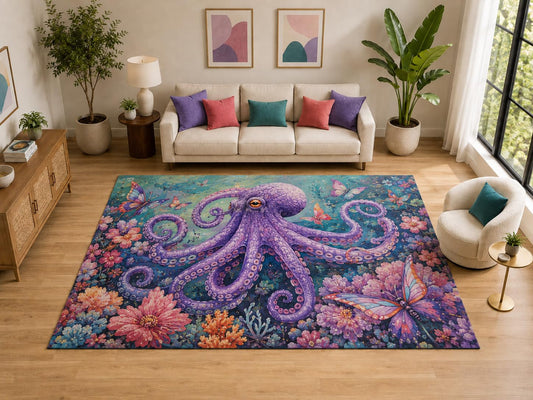 ICE ARMOR "Ultra Light Weight Large 6'7" x 9'10" Purple Octopus Floral Rug Bedroom, Soft Low Pile Indoor Rug and Non-Slip Silicone Backing, Purple