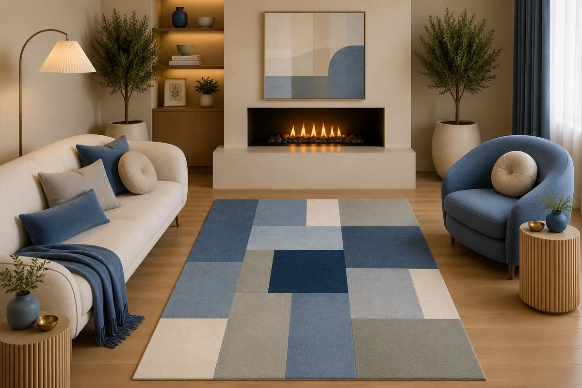 ICE ARMOR 5' x 7' Modern Geometric Area Rug Navy Blue Gray Beige Color Block Design for Living Room Bedroom Dining Room Office Non-Slip Silicone Backing Low Pile