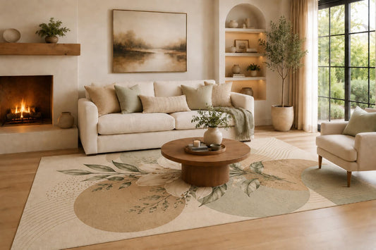 ICE ARMOR Large 6'7" x 9'10" Beige and Sage Green Abstract Botanical Circles Area Rug for Living Room, Soft Low Pile Carpet with Non-Slip Silicone Backing, Decor for Bedroom and Home Office