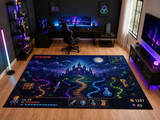 ICE ARMOR "Ultra Light Weight Large 6'7" x 9'10" Pixel Fantasy Castle Area Rug for Kids Room Bedroom, Soft Low Pile Indoor Rug and Non-Slip Silicone Backing, Navy Blue