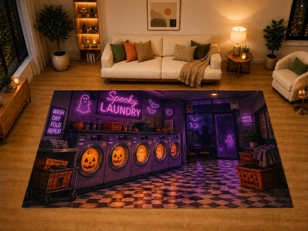 ICE ARMOR "Ultra Light Weight Large 6'7" x 9'10" Spooky Laundromat Halloween Area Rug for Living Room Bedroom Dining Area, Soft Low Pile Non-Slip Backing, Purple Orange Black Ghost Pumpkin Decor